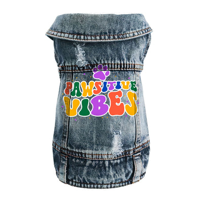 Pawsitive Vibes Dog Denim Vest - Colorful Text Dog Denim Jacket - Cool Dog Clothing