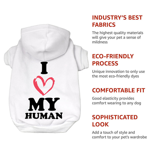 I Love My Human Dog Hoodie - Text Design Dog Coat - Heart Dog Clothing