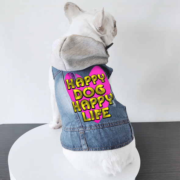 Happy Dog Happy Life Dog Denim Jacket - Phrase Dog Denim Coat - Art Print Dog Clothing