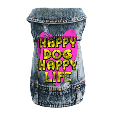 Happy Dog Happy Life Dog Denim Vest - Phrase Dog Denim Jacket - Art Print Dog Clothing