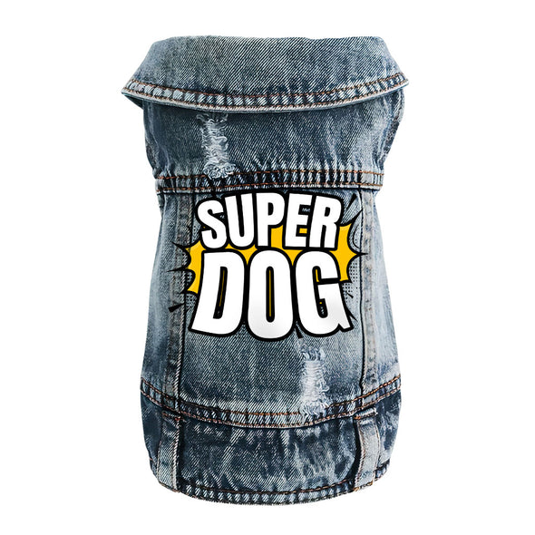 Super Dog Denim Vest - Colorful Dog Denim Jacket - Graphic Dog Clothing