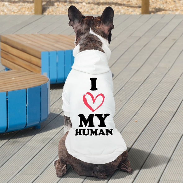 I Love My Human Dog Hoodie - Text Design Dog Coat - Heart Dog Clothing