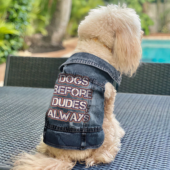 Dogs Before Dudes Dog Denim Vest - Dog Theme Dog Denim Jacket - Funny Dog Clothing